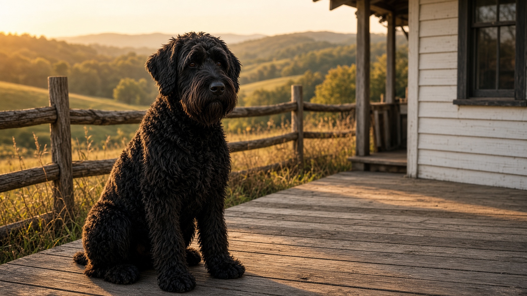 A giant schnoodle on the farmhouse porch at golden hour
